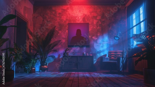 A 3D visualization of a podcast recording room, with horror-themed decor 