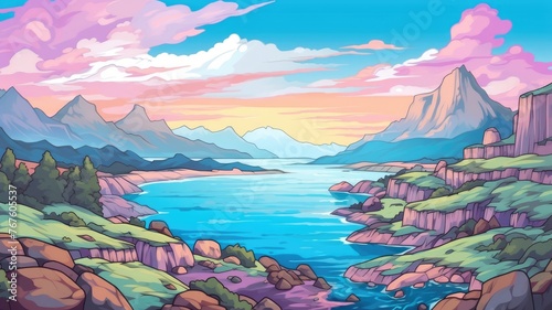 cartoon landscape with mountains  colorful sky  and calm waters