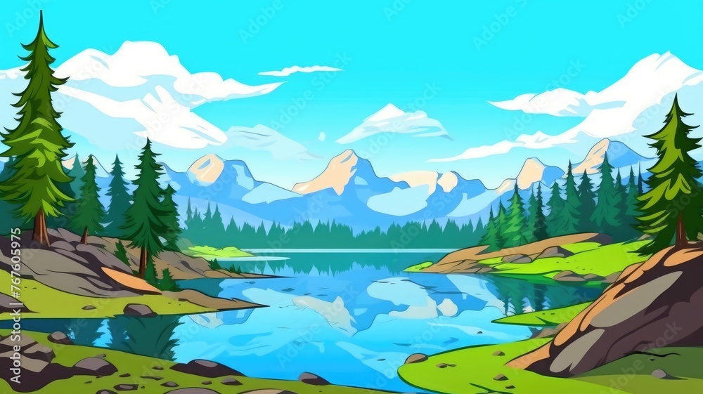 cartoon landscape with a reflective lake, lush greenery, and majestic mountains under a clear sky cartoon landscape with a reflective lake, lush greenery, and majestic mountains under a clear sky