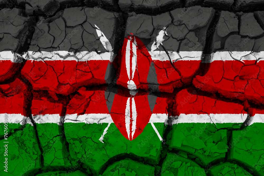Dry soil pattern on the flag of Kenya. Country with drought concept due to climate change. Water problem. Dry cracked earth country.