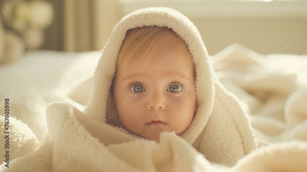 A baby is wrapped in a blanket and has blue eyes. The baby is looking at the camera, AI generative A baby is wrapped in a blanket and has blue eyes. The baby is looking at the camera, AI generative