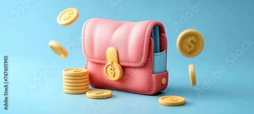 A pink purse with a yellow coin on it and a pile of yellow coins on the ground. The purse is surrounded by the coins, giving the impression of a treasure chest, AI generative