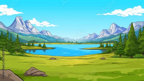cartoon landscape with majestic mountains, lush greenery, and a serene sky