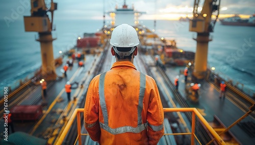 A man in an orange safety vest stands on a platform overlooking a large ship. Concept of responsibility and caution, as the man is likely a worker on the ship, ensuring the safety vessel AI generative