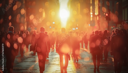 A group of people walking down a street with a bright sun in the background. The scene is lively and bustling with activity, AI generative