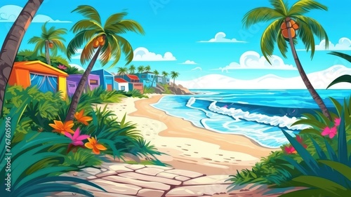Vibrant tropical jungle cartoon with a stone path and traditional huts under a clear sky