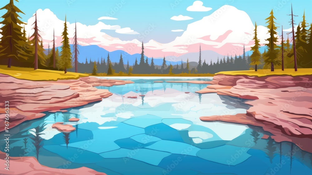 Obraz premium cartoon landscape with a reflective lake, lush greenery, and rocky terrain under a clear sky