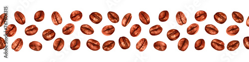 Seamless border of coffee beans. The aroma of Robusta and Arabica varieties. Illustration with watercolors. Coffee day. Natural aromatic drink. Strip for cafe decoration. Hand drawn isolated art