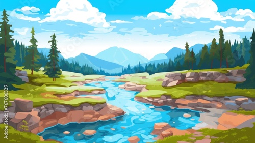 cartoon landscape with a reflective lake, lush greenery, and rocky terrain under a clear sky