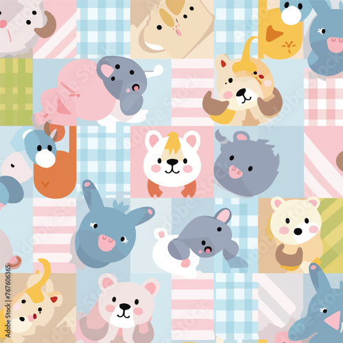 Cute animal toy seamless checkered background. cart