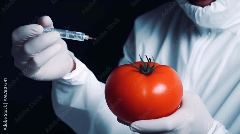 Doctor scientist or genetic engineer in a white lab coat is injecting with syringe experimental liquid into a tomato, symbolizing genetically modified GMO food. Doctor scientist or genetic engineer in a white lab coat is injecting with syringe experimental liquid into a tomato, symbolizing genetically modified GMO food.