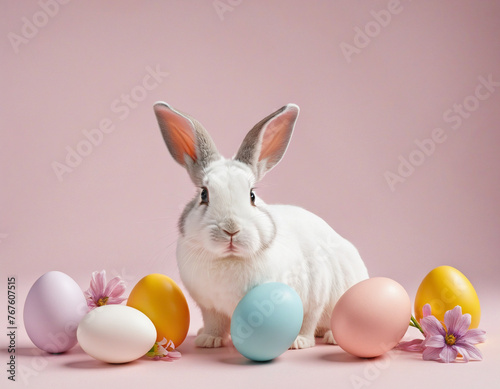 Easter bunny and eggs in minimalist background colorful background