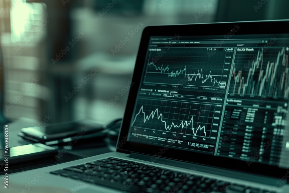 Stock market investment trading app graph and chart on desktop monitor screen