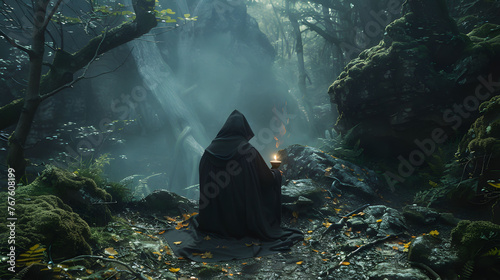 Enigmatic Wizard in Forest Performing a Magical Ritual in Mystical Scenery