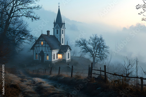 light in the windows of the Catholic Church against the backdrop of evening fog in the mountains. religion and christianity