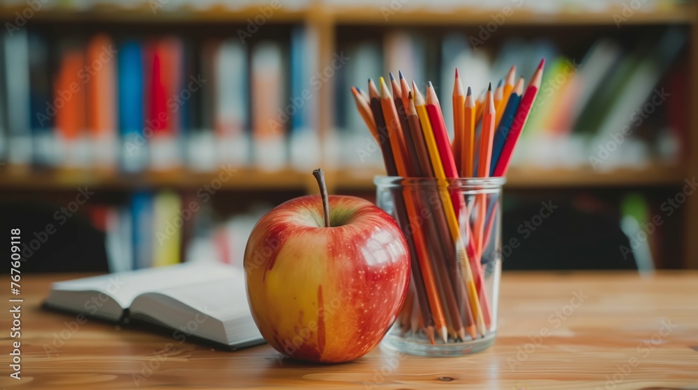 books, colored pencils, and an apple on the table. Back to school concept. books, colored pencils, and an apple on the table. Back to school concept.