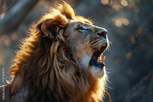 portrait of an African roaring lion. beasts of prey. fauna and biology