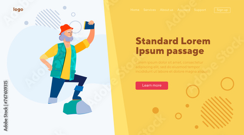 Cheerful hunter taking selfie outdoors. Senior man using smartphone flat vector illustration. Lifestyle, active hobby, hunting concept for banner, website design or landing web page