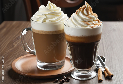 Vienna coffee in a tall glass with whipped cream colorful background