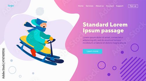 Excited kid riding on sleigh downhill. Boy sledging and having fun flat vector illustration. Holiday, outdoor activity, winter vacation concept for banner, website design or landing web page