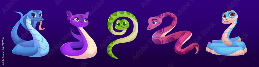 Cute and funny cartoon snake character vector. Happy python, cobra and viper reptile with long tail isolated set. Crawling tropical zoo animal baby kid image design. Wild zoology mascot collection Cute and funny cartoon snake character vector. Happy python, cobra and viper reptile with long tail isolated set. Crawling tropical zoo animal baby kid image design. Wild zoology mascot collection