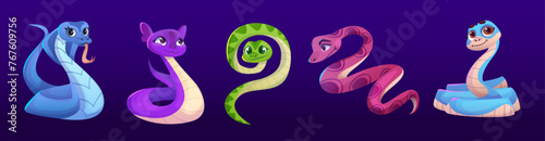 Cute and funny cartoon snake character vector. Happy python, cobra and viper reptile with long tail isolated set. Crawling tropical zoo animal baby kid image design. Wild zoology mascot collection