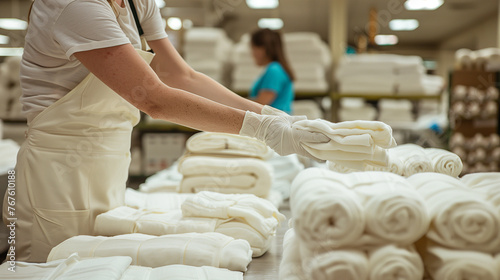 In-house personnel folding dry linen inside a commercial laundry room. © Jammy Jean