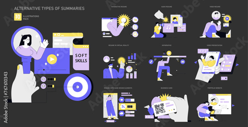Innovative resume set captures the evolution of professional summaries.. Vector illustration.