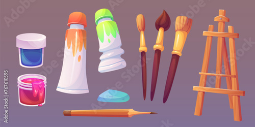 Art tools and materials for painting hobby and artist school concept. Cartoon vector set of creative supplies and accessory - empty wooden easel, brushes and pencil, tube and bottle with paint.