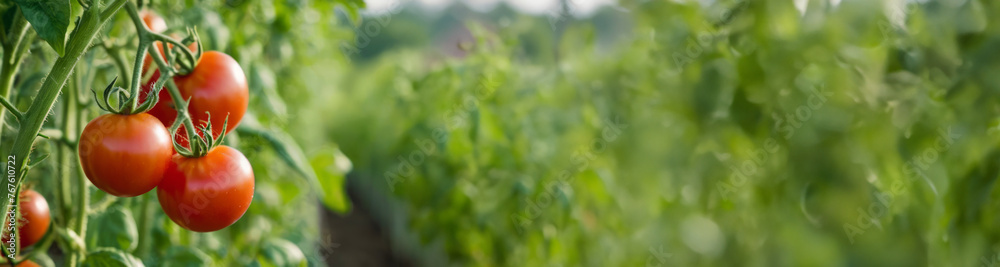 Close-up of ripe growing tomato berries. Fresh eco farm field with ripe red tomatoes on branches. Organic farm concept for banners, flyers, posters, postcards, with copy space.