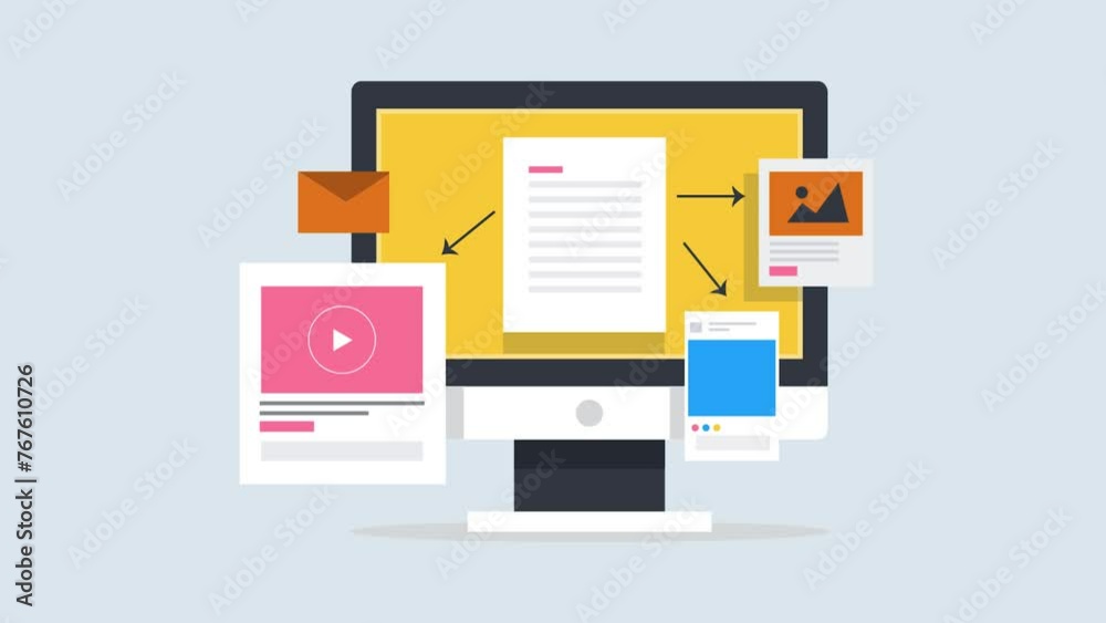 Content re-purpose concept, e-business using multiple content format like blog, video, email, social media post to reach more audience and grow marketing engagement, video animation 2d clip. 