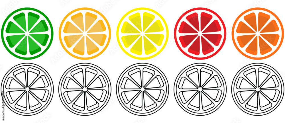 Citrus Slice set. Lemon slice . Orange slice. Lime slice Line Art . Vector isolated on white Background