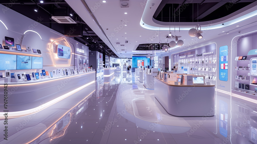 Fototapeta premium Interior of a new modern electronics store retail location in a shopping mall.