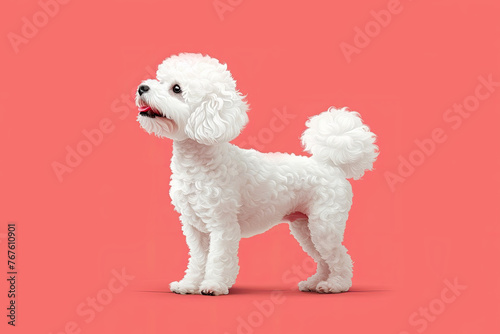 Cute white poodle puppy in the style of realistic animal portraits, simplified dog figures, vector illustration on PINK background.