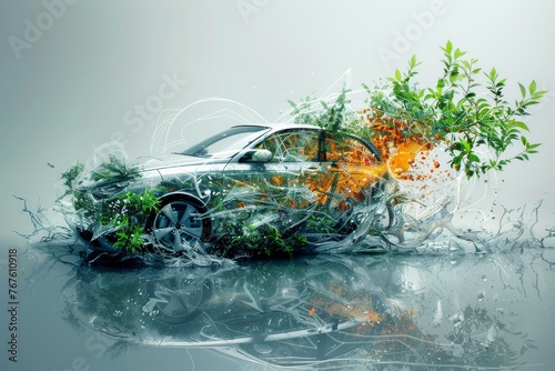 Car moves in unison with nature representing the dynamic relationship between modern technology and the natural world