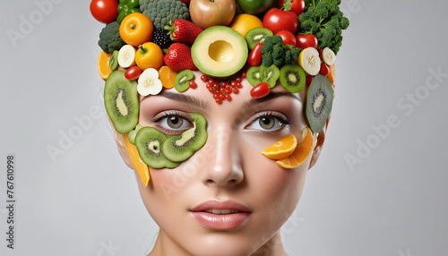 Human body of a woman made of fruits and vegetables colorful background