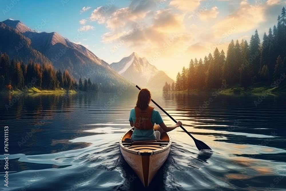 Young Woman Sitting on Boat, Rowing Exercise for Healthy Life and Relaxation in Morning Sunrise or Sunset Evening Background, 8 March, Yoga, World Health Day, Women's Day, Sports, Banner or Poster