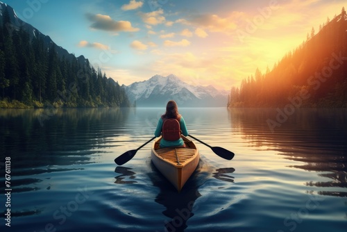Young Woman Sitting on Boat  Rowing Exercise for Healthy Life and Relaxation in Morning Sunrise or Sunset Evening Background  8 March  Yoga  World Health Day  Women s Day  Sports  Banner or Poster