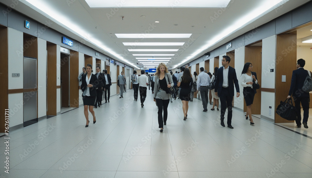 timelapse motion blur of office corridor crowd of businesspeople group in rush hours morning walkway blur motion of people walking in corridor hall office space colorful background