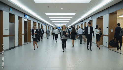 timelapse motion blur of office corridor crowd of businesspeople group in rush hours morning walkway blur motion of people walking in corridor hall office space colorful background