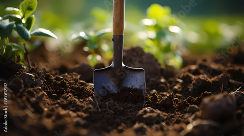 Shovel inserted into fertile garden soil