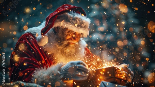 Santa Claus Unwrapping Christmas Gift with Twinkling Stars on Tree © hisilly