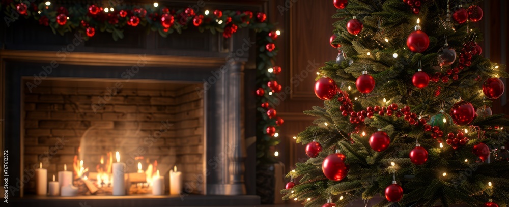 A Christmas tree with red ornaments and a fireplace with red stockings