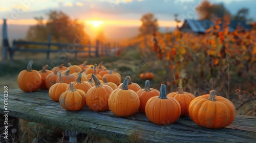 Autumn Harvest: Pumpkins on Aged Plank Table at Sunset