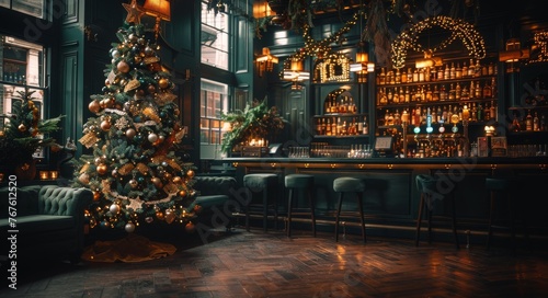 A Christmas tree is in the middle of a bar with a lot of liquor