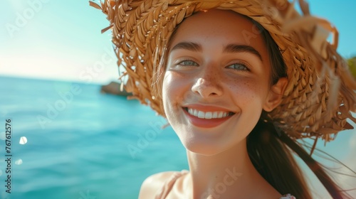 closeup shot of a good looking female tourist. Enjoy free time outdoors near the sea on the beach. Looking at the camera while relaxing on a clear day Poses for travel selfies smiling happy tropical #767612576