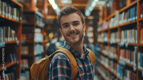 Handsome Smile student man with backpack and books in library, education, university, cheerful, college, happy, standing, school, backpack, attractive, enjoyment, confidence.