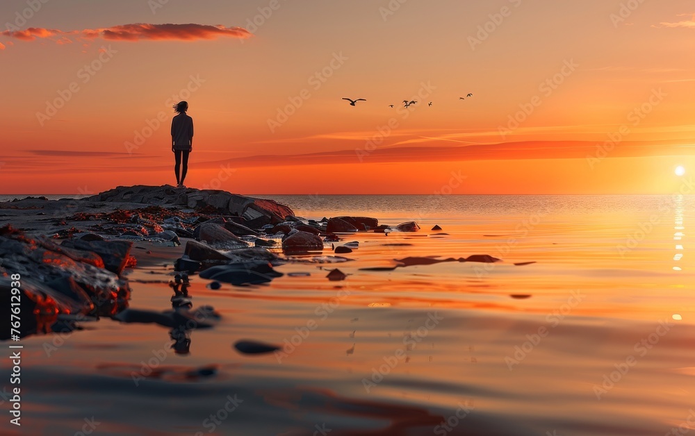 A woman stands on a rock overlooking the ocean at sunset
