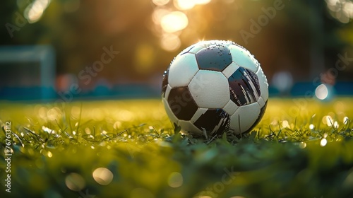 A soccer ball is sitting on a field
