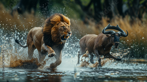 Lion chasing a wildebeest through a creek in Africa. Wild life in action. photo